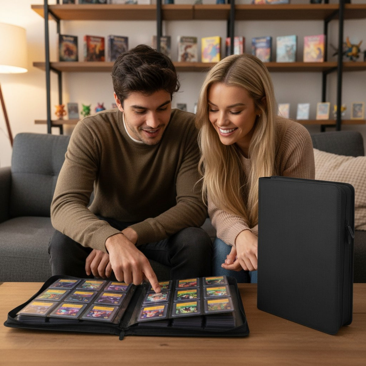 Man and woman looking at collectible cards in a display case with a black portfolio on a table.